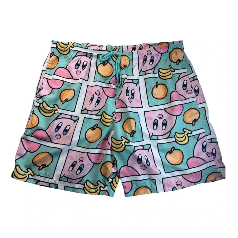 Nintendo Kirby Mens Sz XL Swim Trunks Teal Pink‎ Comic Panel Fruit Board Shorts